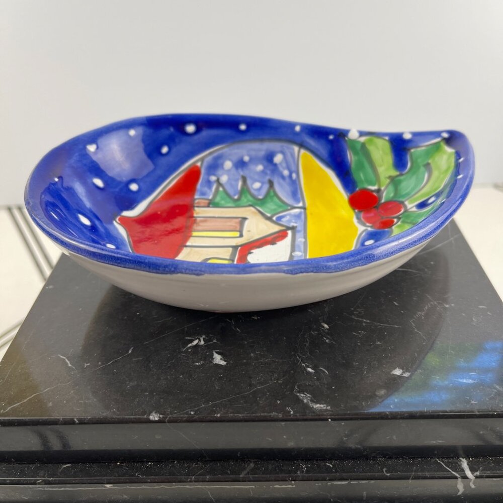 Vintage Made in Italy Ceramic Christmas Trinket Dish Winter Cottage Scene Blue - Picture 5 of 11